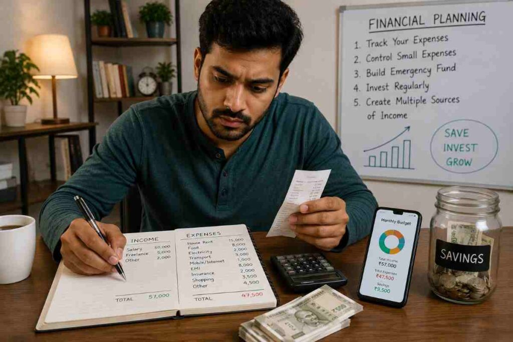 महीने की कमाई और खर्च का हिसाब करता व्यक्ति
