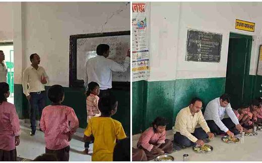 चोपन के प्राथमिक विद्यालय बभनमरी में बच्चों को पढ़ाते एसडीएम