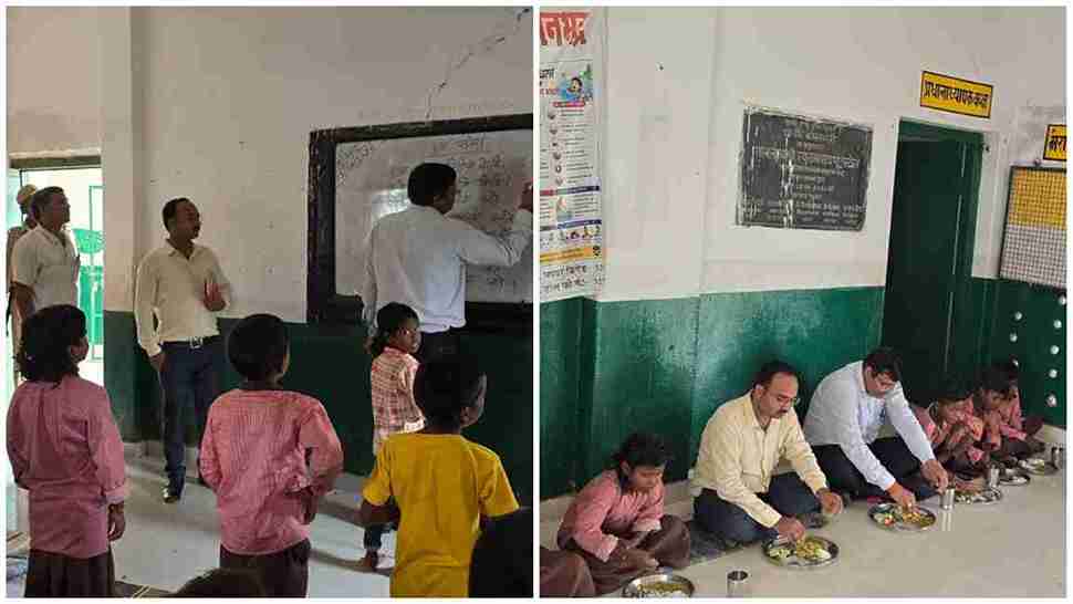 चोपन के प्राथमिक विद्यालय बभनमरी में बच्चों को पढ़ाते एसडीएम