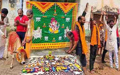 चोपन में गौ वसुंधरा नर सेवा फाउंडेशन की पहली वर्षगांठ पर गौ पूजन और भोजन सेवा