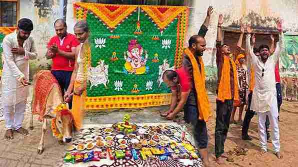 चोपन में गौ वसुंधरा नर सेवा फाउंडेशन की पहली वर्षगांठ पर गौ पूजन और भोजन सेवा
