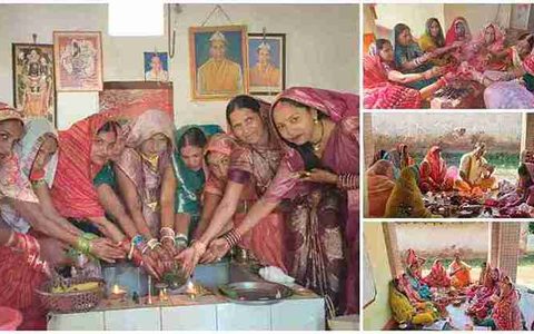 सोनभद्र में हरतालिका तीज पर शिव-पार्वती की पूजा करतीं व्रती महिलाएं