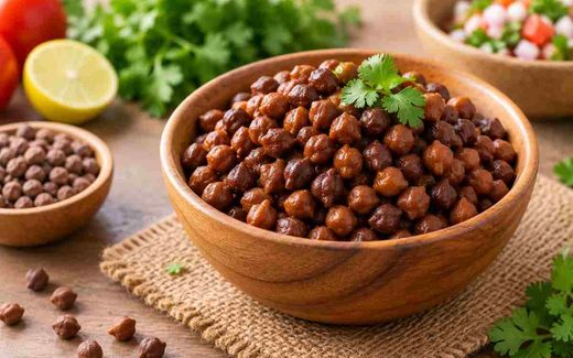 काले चने से भरा लकड़ी का कटोरा